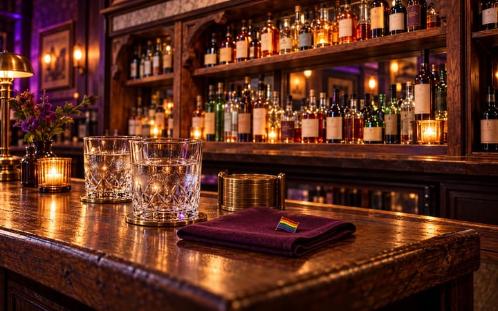 wooden bar top with two cut-glass tumblers, a candle and a folded napkin with a small rainbow badge, in front of lit back-bar shelves.