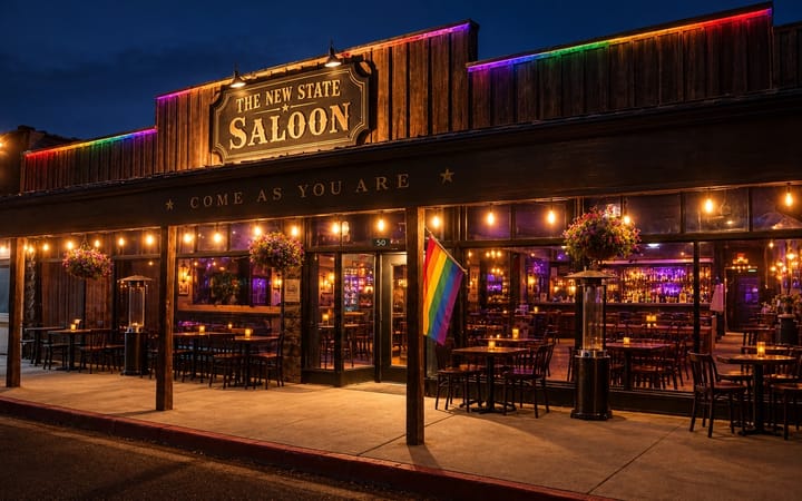 storefront at night from an angle: the gold New State Saloon sign, Come As You Are on the porch fascia, rainbow parapet trim, string lights and a Pride flag.