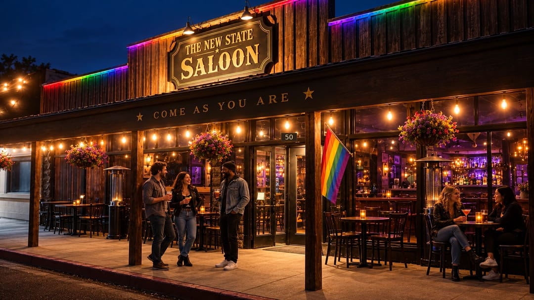 New State Saloon at dusk: the single-story frontage with a gold sign reading The New State Saloon, Come As You Are lettered across the porch, rainbow trim along the parapet, string lights, a Pride flag and porch tables.