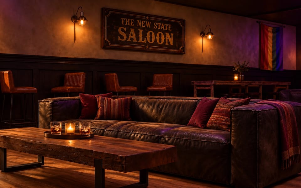 lounge after dark: brass sconces and candles light a long leather sofa and a coffee table with drinks on a tray, beneath a sign reading The New State Saloon and beside a Pride flag.