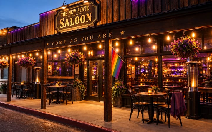 porch at dusk with café tables, string lights, hanging flower baskets, a patio heater and a Pride flag.