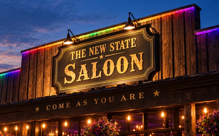 crafted dark sign with gold lettering reading The New State Saloon above rainbow roof trim, and Come As You Are across the porch fascia.
