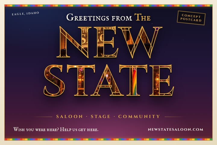 New State Saloon postcard: Wish you were here? Help us get here. Eagle, Idaho; concept art; newstatesaloon.com.